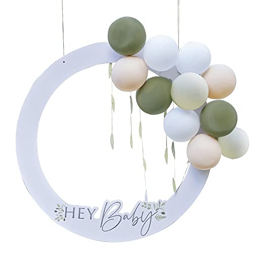 Fotobox Rahmen HEY BABY Baby-Shower-Party Botanical Eukalyptus inkl Ballons weiß grün & apricot Dekoration Accessoires Zubehör Selfie Foto-Ecke Baby-Party Gender-Reveal Schwangerschaft Geburt von Miss Lovely