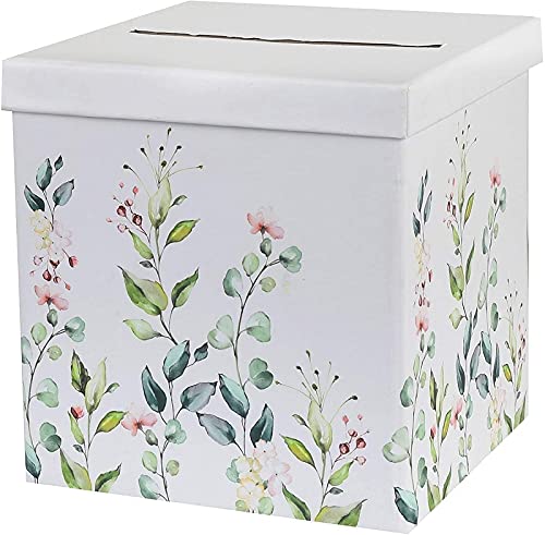 Geld-Box Brief-Box Kuvert-Kiste Hochzeits-Post Botanical Wiesen-Blumen Blüten & Eukalyptus Blätter-Ranke weiß & grün Hochzeits-Karten Geld-Geschenke Hochzeit Geburtstags-Umschläge Sammel-Box Zubehör von Miss Lovely