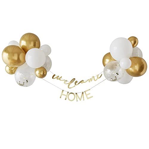 Miss Lovely Girlanden-Set Ballon-Girlande Welcome Home/WILLKOMMEN ZU Hause Banner Willkommens-Party Familien-Party Zuhause Baby-Deko Set Girlande in Gold & weiß + 26 Luft-Ballons von Miss Lovely