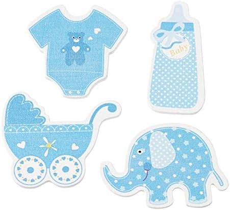 Holz Streu-Deko Streu-Teile Konfetti Holz-Sticker "BABY BOY" blau Flasche Kinderwagen Body & Elefant Tisch-Deko Baby-Party Taufe Geburt Junge Bastelzubehör 1 Beutel = 12 Streuteile von Miss Lovely