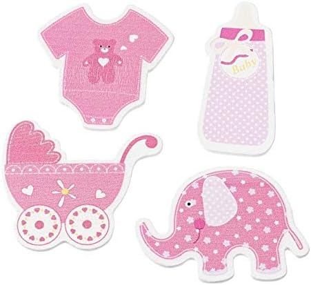 Holz Streu-Deko Streu-Teile Konfetti Holz-Sticker Baby Girl rosa pink Flasche Kinderwagen Body & Elefant Tisch-Deko Baby-Party Taufe Geburt Mädchen Bastelzubehör 3 Beutel = 36 Streuteile von Miss Lovely