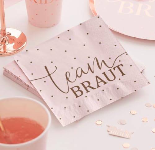 JGA Servietten TEAM BRAUT gepunktet Tisch-Deko für Junggesellenabschied Bride & Bride Crew/Hochzeit Farben rosa & rosé-gold - Inhalt 20 Stück - Made in Germany von Miss Lovely