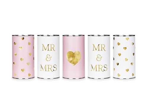 Miss Lovely Auto-Deko-Set Blechdosen Mr & Mrs (5 Stück) inklusive Befestigungsschnur & Schleifenband Braut-Auto Hochzeit Hochzeits-Deko Auto-Schmuck Farbe rosa, weiß & Gold von Miss Lovely