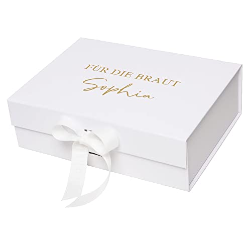 Miss Lovely Geschenk-Box Hochzeit FÜR DIE Braut personalisierbar mit Namen weiß & Gold mit Satinschleife Hochzeits-Geschenk Sammel-Box Hochzeit Andenken-Sammelbox Geschenk-Idee Verpackung Hochzeit von Miss Lovely