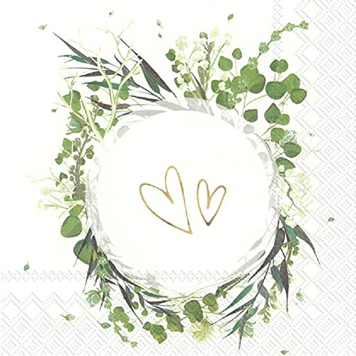 Miss Lovely Moderne Hochzeitsservietten Open Hearts Botanical Servietten mit Eukalyptus & Blätter-Ranke weiß grün Gold Tisch-Dekoration Hochzeits-Deko Zubehör & Accessoires 20 Servietten von Miss Lovely