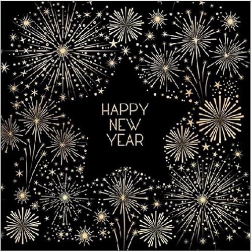 Miss Lovely Servietten Silvester Happy New Year in schwarz & Gold mit Sternen & Feuerwerk - 33x 33cm - Silvester-Deko Tisch-Dekoration Silvester Neujahr Silvester-Party Tisch-Dekoration 60 Servietten von Miss Lovely