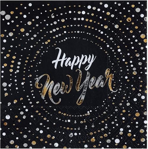 Miss Lovely Servietten Silvester Happy New Year in schwarz & Gold mit Punkten - 33x 33cm - Silvester-Deko Tisch-Dekoration Silvester Neujahr Silvester-Party Tisch-Dekoration 10 Servietten von Miss Lovely