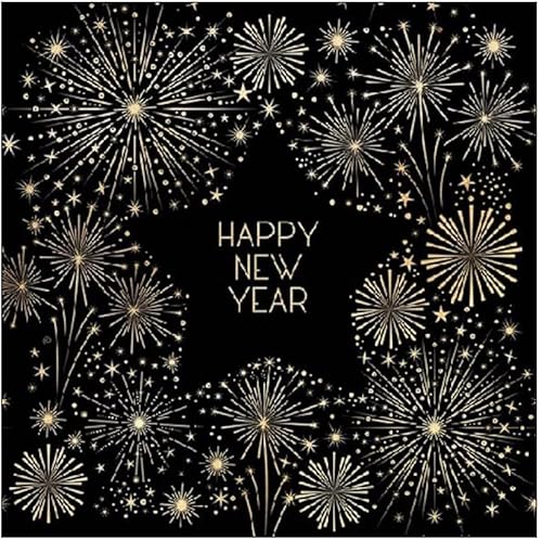 Miss Lovely Servietten Silvester Happy New Year in schwarz & Gold mit Sternen & Feuerwerk - 33x 33cm - Silvester-Deko Tisch-Dekoration Silvester Neujahr Silvester-Party Tisch-Dekoration 20 Servietten von Miss Lovely