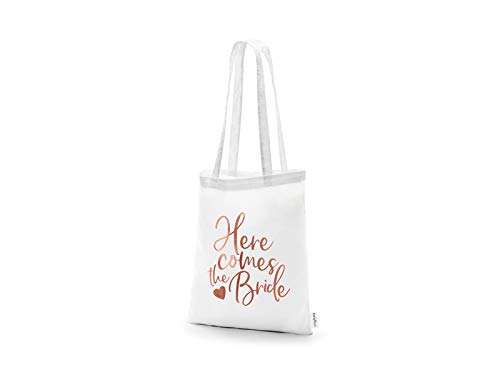 Miss Lovely Stoff-Beutel Party-Tasche Henkel-Bag Stofftasche HERE Comes The Bride weiß & rosé-Gold - JGA/Junggesellinnen-Abschied Frauen Braut/Hen-Party/Accessoire-s & Zubehör Hochzeit von Miss Lovely