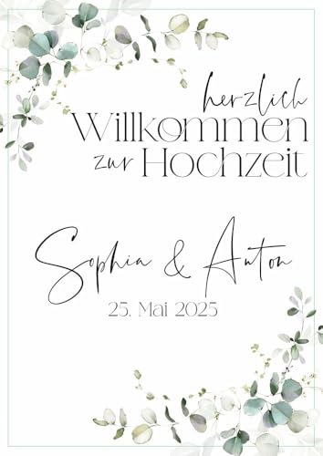 Miss Lovely Willkommens-Schild Hochzeit personalisiert mit Namen des Brautpaares & Hochzeits-Datum - personalisierte Hochzeits-Deko für den Empfang A2 42,0cm x 59,4cm - Eukalyptus Blätter Hochformat von Miss Lovely