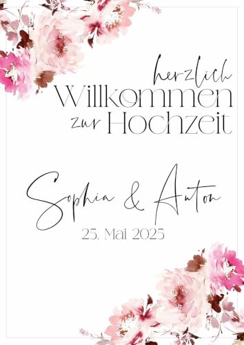 Miss Lovely Willkommens-Schild Hochzeit personalisiert mit Namen des Brautpaares & Hochzeits-Datum - personalisierte Hochzeits-Deko für den Empfang A2 42,0cm x 59,4cm - Flowers Blumen rosa Hochformat von Miss Lovely