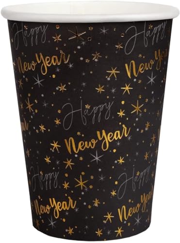 Party-Becher Silvester Happy New Year Papp-Becher Einweg-Geschirr Tisch-Deko in schwarz & Gold - Tisch-Deko Silvester-Party Zubehör Neujahr Jahres-Wechsel Feier 10 Becher von Miss Lovely