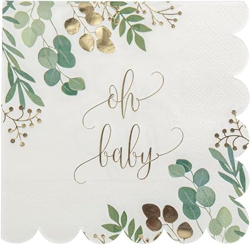 Servietten Baby-Party OH BABY Botanical Eukalyptus Blätter-Kranz Tisch-Deko für Baby-Party Baby-Shower Taufe Geburt Junge & Mädchen unisex Farben weiß grün & gold 16 Servietten von Miss Lovely