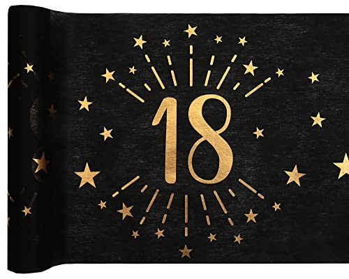 Tischläufer Tischdecke 18 zum 18. Geburtstag in schwarz & gold mit Sternen Geburtstags-Deko Geburtstags-Feier Tisch-Dekoration Geburtstag 18. Geburtstag Mann & Frau Volljährigkeit 2 Rollen = 10m von Miss Lovely