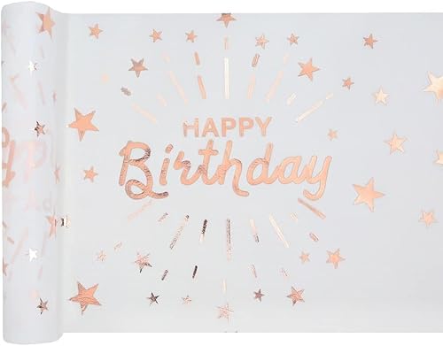 Tischläufer Tischdecke Happy Birthday in weiß & metallic rosé-Gold Tisch-Deko Geburtstag Kinder & Erwachsene Unisex Geburtstags-Feier Zubehör 1 Rolle = 5m von Miss Lovely