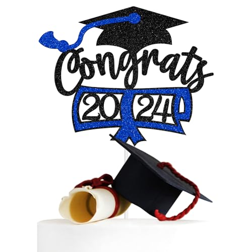 Congrats 2024 Cake Topper, Congratulations/So Proud of You Cake Decor, Class of 2024 Grad Graduation Party Decoration Supplies, Black and Blue Glitter von Miss Onederful