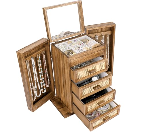 Schmuck-Organizer, Rattan-Schmuckschatulle, 5-lagige Holz-Schmuck-Organizer-Box mit Spiegel, Schmuckkästchen mit 4 Schubladen für Damen und Herren, Schmuckaufbewahrung für Ringe, Ohrringe, Halsketten, von Miss Rabbit