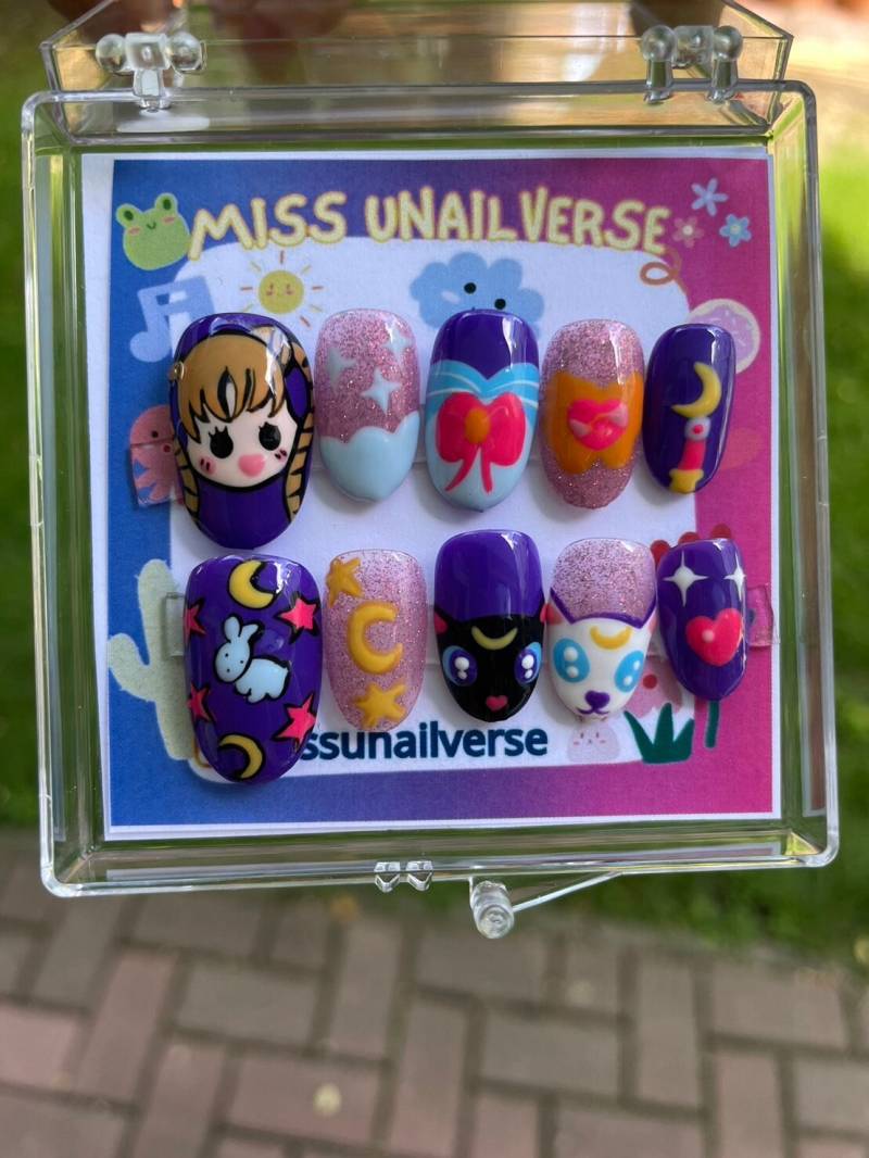 Press On Nails, Gel Nägel, Glänzende Asiatisch, Handgemacht, Sailor Moon, Pink, Kleber-Nägel, Sticker Moon Set | Größe S M L von MissUnailverse