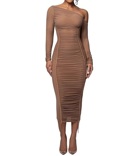 Missionary Langärmeliges Midikleid für Damen, zweilagig, Netzstoff, rückenfrei, gerüscht, figurbetont, Club, Party, sexy, langes Kleid (Braun, M) von Missionary