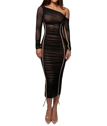 Missionary Langärmeliges Midikleid für Damen, zweilagig, Netzstoff, rückenfrei, gerüscht, figurbetont, Club, Party, sexy, langes Kleid (Schwarz, S) von Missionary