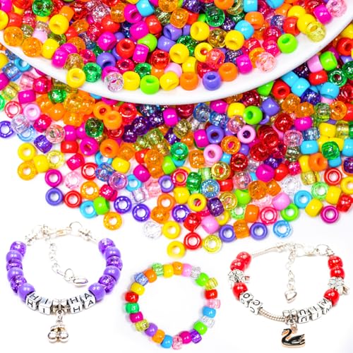 MiuCo 1100 Stück Pony Perlenset für Armbänder, 9mm Perlen zum Auffädeln, Bunte Perlen Großes mit Loch für Freundschaftsarmbänder, Bastelperlen für Friendship Bracelet Kit, Schmuck Selber Machen Set von MiuCo