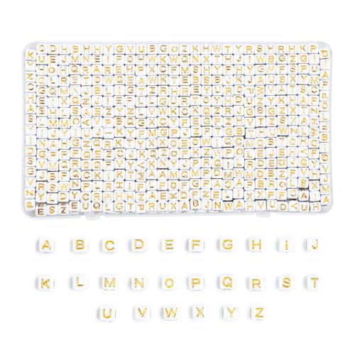 MiuCo Golden Buchstabenperlen für Armbänder, Spacer Buchstaben Perlen Set zum Auffädeln Friendship Bracelet Kit, Würfel A-Z Buchstaben Perlen für Schmuck Basteln Freundschaftsarmbänder Selber Machen von MiuCo