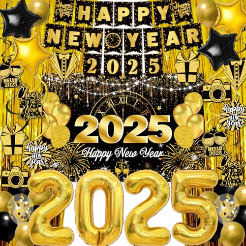 Happy New Year Dekorationen 2025, Schwarz Gold 2025 Happy New Year Banner mit Fransenvorhängen 81,3 cm 2025 Luftballons für Silvester Party Dekorationen von Miucat