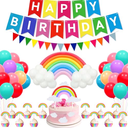 Regenbogen-Geburtstagsdekorationen, buntes Regenbogen-Partyzubehör beinhaltet Happy Birthday-Banner, Kuchendekoration, Regenbogenbrückenballons für Mädchen, Party-Dekoration von Miucat