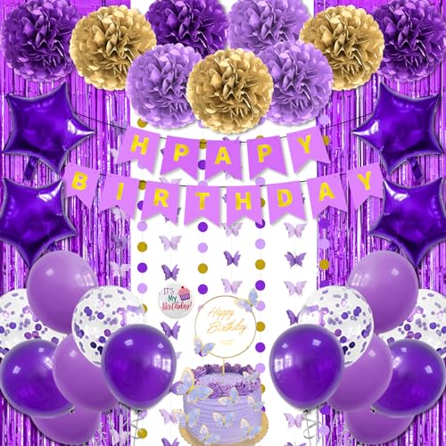Schmetterlings-Geburtstagsdekorationen für Mädchen und Frauen, violette Party-Dekorationen, Schmetterlingsset inklusive Happy Birthday-Banner, Kuchendekoration, Lavendel-Dekor mit violetten von Miucat