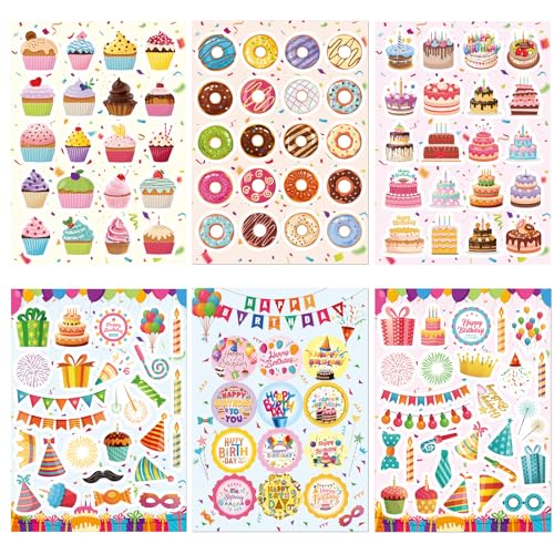 6 Stück Sticker Geburtstag Kinder,Aufkleber Set Aesthetic Scrapbook Sticker Party Wasserfeste Happy Birthday Deko für Kindersticker zum Mädchen Erwachsene Baby Fotoalbum Laptop Journal Water Bottle von Miunpri