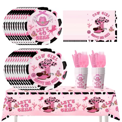 MiuxE 81Pcs Cowgirl Geburtstag Party Supplies, Wild West Cowgirl Thema Geburtstag Party Supplies, Kindergeburtstag Deko Set, Inklusive Teller Tassen Servietten Tischtuch, Platz Für Bis Zu 20 Gäste von MiuxE