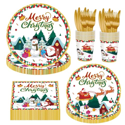 Weihnachten Partygeschirr,84 Stück Christmas Party Geschirr Set Weihnachten Tischdecke Teller Servietten Becher Tischdeko Weihnachten Party Supplies für 16 Gäste von MiuxE