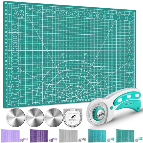 Miuzei A2 A3 Schneidematte mit Rollschneider und Ersatzklingen, Selbstheilende Handwerksunterlage Nähzubehör, Stoffschneider-Set, Schreibtischunterlage zum Basteln,Doppelseitiges Gitter von Miuzei