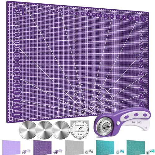 Miuzei A2 A3 Selbstheilende Schneidematte mit Rollschneider 45mm in Cyan, Grau, Grün,Lila,Lavendel zur Auswahl verfügbar Perfekt zum Nähen,Basteln Handarbeit Patchworken. beidseitig Bedruckt von Miuzei