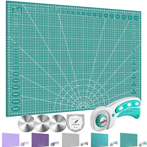 Miuzei A3 A2 Groß Schneidematte Rollschneider mit Schutzmechanismus,Kinder Basteln Mat,Abwaschbar Selbstheilende Handwerksunterlage, Stoffschneider-Set für Schule und Familien,Schnittfest,Grün von Miuzei