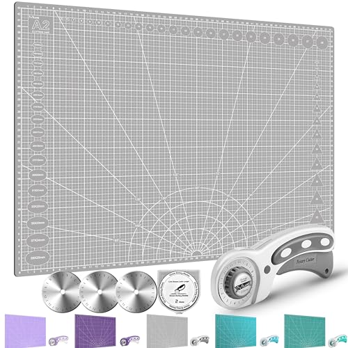 Miuzei A3 A2 Groß Schneidematte mit Rollschneider und 45mm Ersatzklingen, Selbstheilende Handwerksunterlage,Nähzubehör Stoffschneider-Set Schreibtischunterlage zum Basteln,Doppelseitiges Gitter,Grau von Miuzei