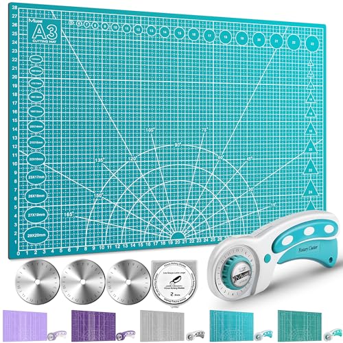 Miuzei A3 A2 Schneidematte - Türkis mit Rollschneider und 45mm Ersatzklingen Selbstheilende Schneidematte Set kinder Bastelunterlage Cutting Board Für Schneiden Papier Stoffen Nähen Basteln Gravieren von Miuzei