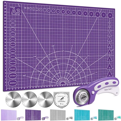 Miuzei A3 A2 Schneidematte mit Rollschneider und Ersatzklingen, Selbstheilende Handwerksunterlage Lila, Nähzubehör, Stoffschneider-Set, Cutting Mat,Schreibtischunterlage zum Basteln Schneiden,Malen. von Miuzei