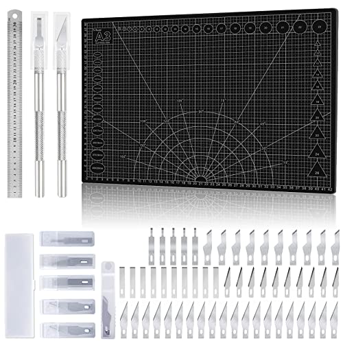 Schneidematte A3 Set mit 55stk Bastelmesser und Stahllineal Cutting Mat Selbstheilende Bastelunterlage Zeichenunterlage (Sch) von Miuzei