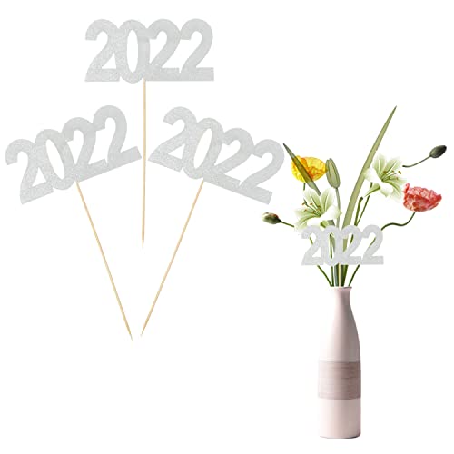 12 Stück doppelseitige Glitzer 2022 Tafelaufsätze, Kuchenaufsatz, Happy New Year, Blumenplektren, Klasse für 2022 Abschlussfeier (Silber) von MixTeach