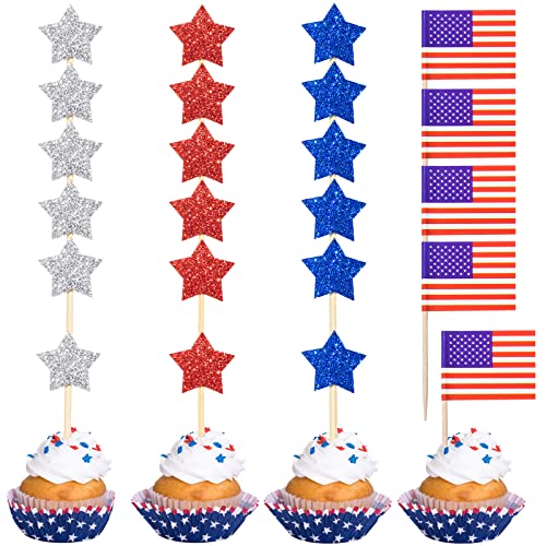 Glitzerstern 4. Juli Cupcake-Topper Glitzer Gold Stern Kuchen Topper für Unabhängigkeitstag 4. Juli Partyzubehör Gastgeschenke (Stern und Flagge) von MixTeach