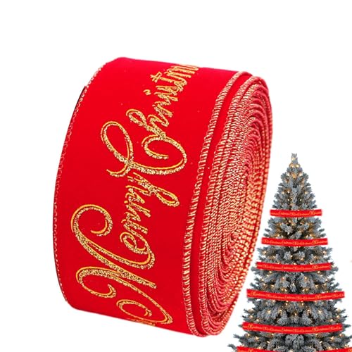 Mixnexorad Weihnachtsbaumschmuckband,Weihnachtsbaumband,Rotes Drahtkantenband - Weihnachtsband mit goldener Weihnachtsschrift, Weihnachtsbaumschmuck von Mixnexorad