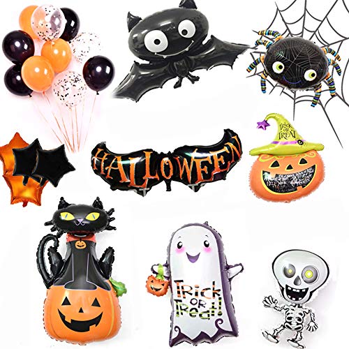 Miya Halloween Folienballons Set, 21 Stück, Geist, Spinne, Kürbis, Vampir, Katze, Skelett von Miya