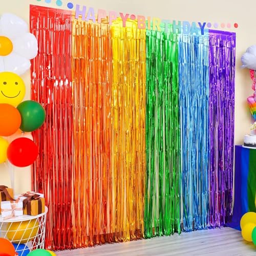 Miya Regenbogen Fasching Party Dekorationen Karneval deko 2 M x 2 M verdicken Regenbogen Fastnacht folien Fransenvorhänge, Lametta, metallische Luftschlangen, Urlaub, Fotokabinen Requisiten von Miya