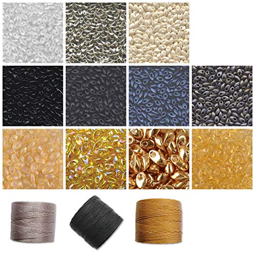 Miyuki Magatama-Perlen-Mix, 110 g, glitzernde Farben: Gold, Silber, Schwarz, Weiß und Elfenbein. 10 Gramm von jeder Farbe plus 3 Spulen S-Lon-Kordel Kumihimo, Makramee. Schiff von Miyuki, S-lon