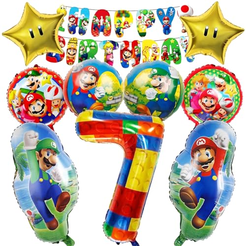 10 Stück Super Mari Luftballons Geburtstag Set 7 Jahre Junge Mädchen, Mari Geburtstagsdeko Folienballon, Kindergeburtstag Luftballons, Mari Bros Geburtstag Party Deko Ballons Set für Kinder(7) von Mizijia