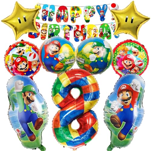 10 Stück Super Mari Luftballons Geburtstag Set 8 Jahre Junge Mädchen, Mari Geburtstagsdeko Folienballon, Kindergeburtstag Luftballons, Mari Bros Geburtstag Party Deko Ballons Set für Kinder(8) von Mizijia