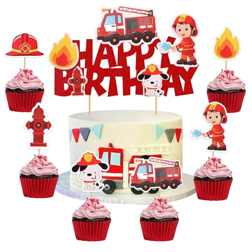 Mizijia 13 Stück Feuerwhr Tortendeko Mädchen, Feuerwhr Kuchen Deko Kindergeburtstag, Cake Topper Set, Happy Birthday Topper für Kinder Geburtstag Party Kuchen Dekoration Supplies von Mizijia