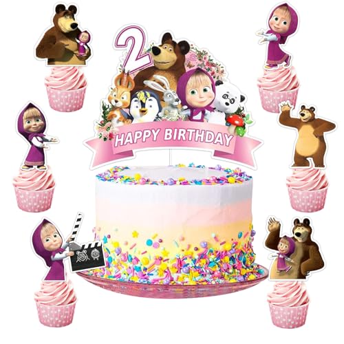 Mizijia 13 Stück Mscha und bär Tortendeko 2. Geburtstag Mädchen, Mscha und bär Cake Topper 2. Geburtstag, Kuchen Deko Set, Happy Birthday Topper für Kinder Geburtstag Party Supplies (2) von Mizijia