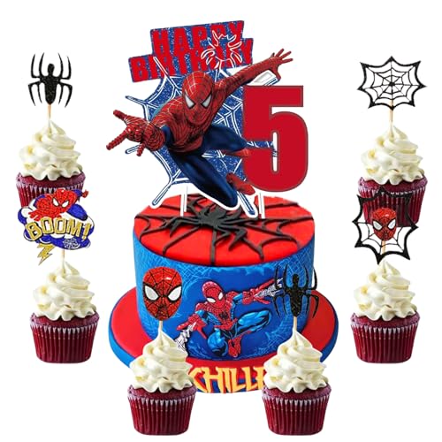 Mizijia 7 Stück Spiderm Tortendeko 5. Geburtstag Junge, Spiderm Kuchen Deko Set, Cake Topper 5 Jahre Geburtstag, Happy Birthday Topper für Kinder Geburtstag Party Supplies (5) von Mizijia